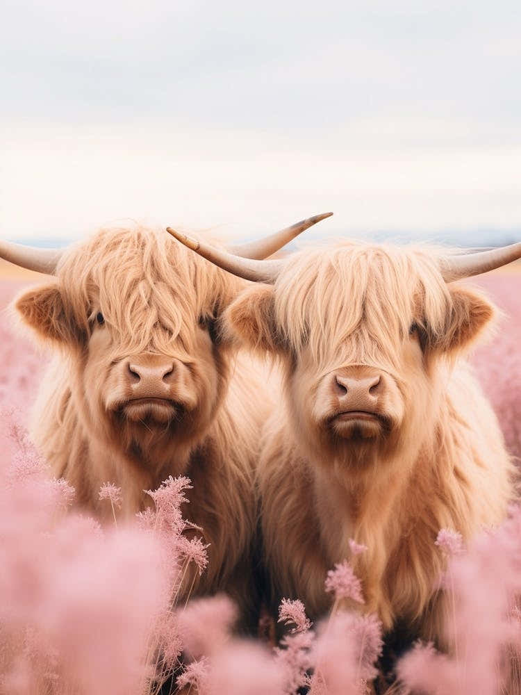 Portrait Of Two Highland Cows In The Field Pink Realistic Photography 4