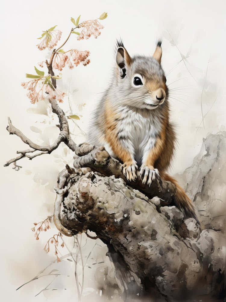 Squirrel, Japanese Brush Painting, Ukiyo E, Minimal 3