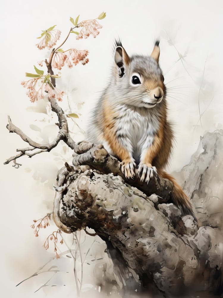 Squirrel, Japanese Brush Painting, Ukiyo E, Minimal 3