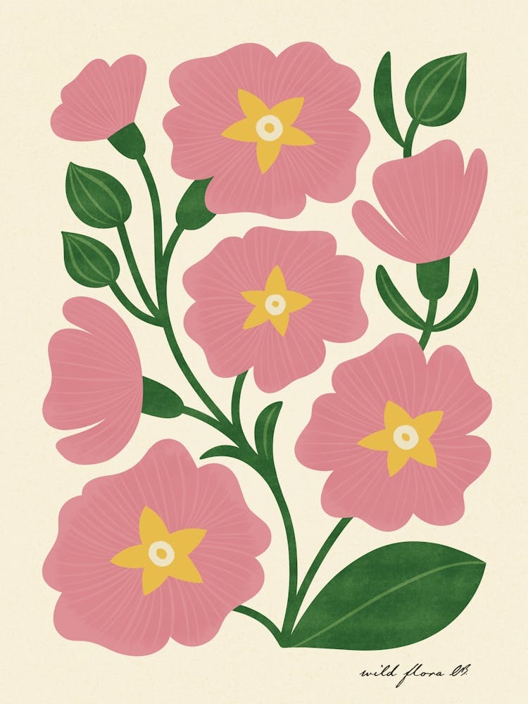 Primrose Modern-Retro Pink and Green Wild Flower