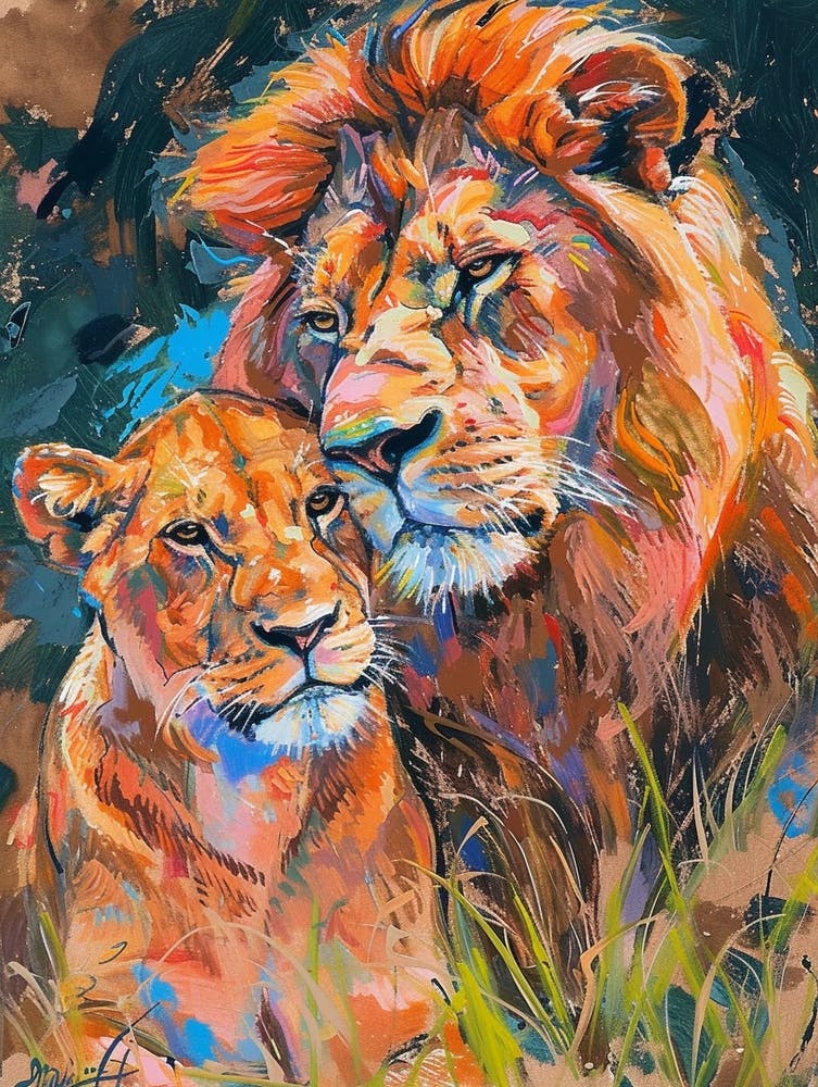 Southwest African Lion Family Bonding Fauvist Painting 4