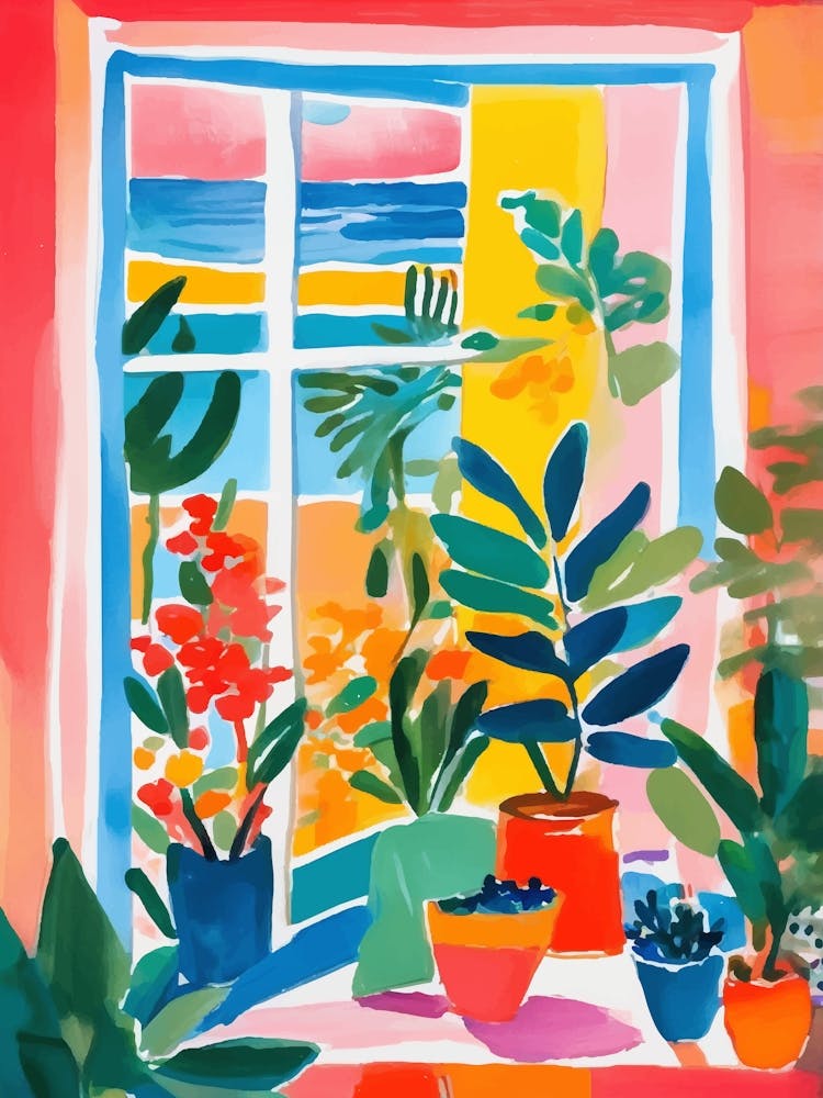 Colorful living room with a window overlooking the Mediterranean