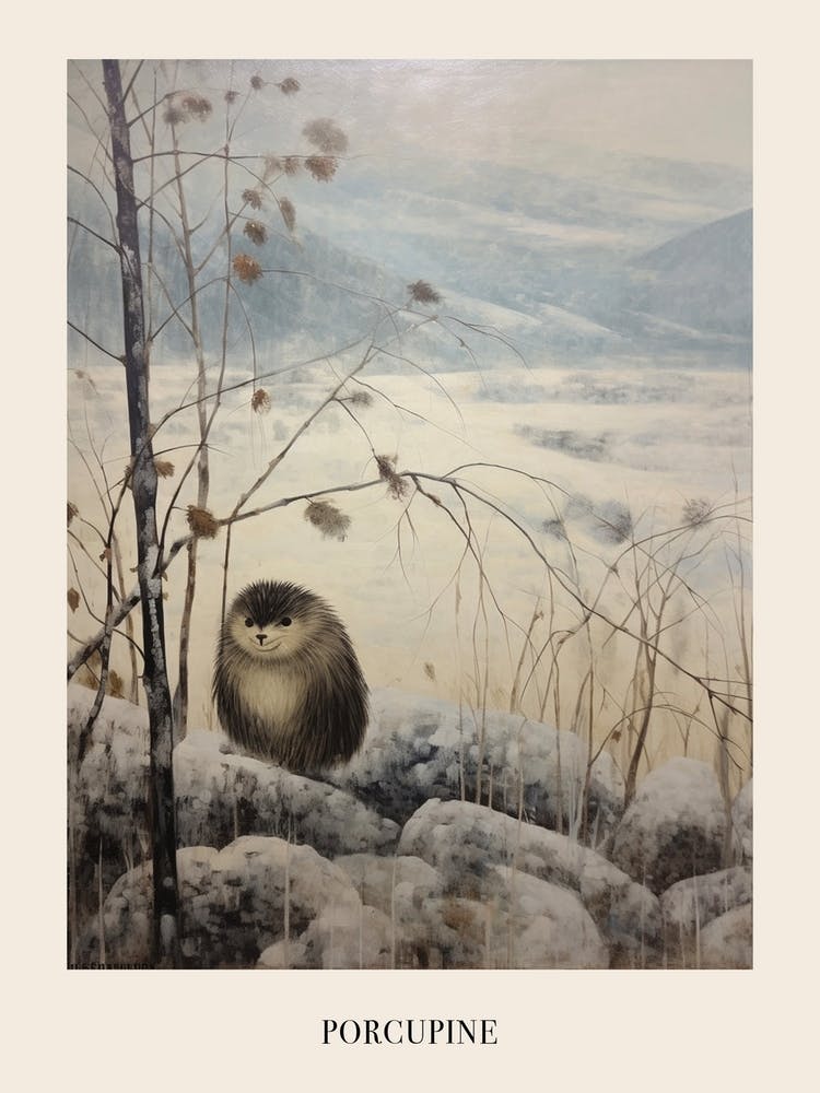 Vintage Winter Animal Painting Poster Porcupine