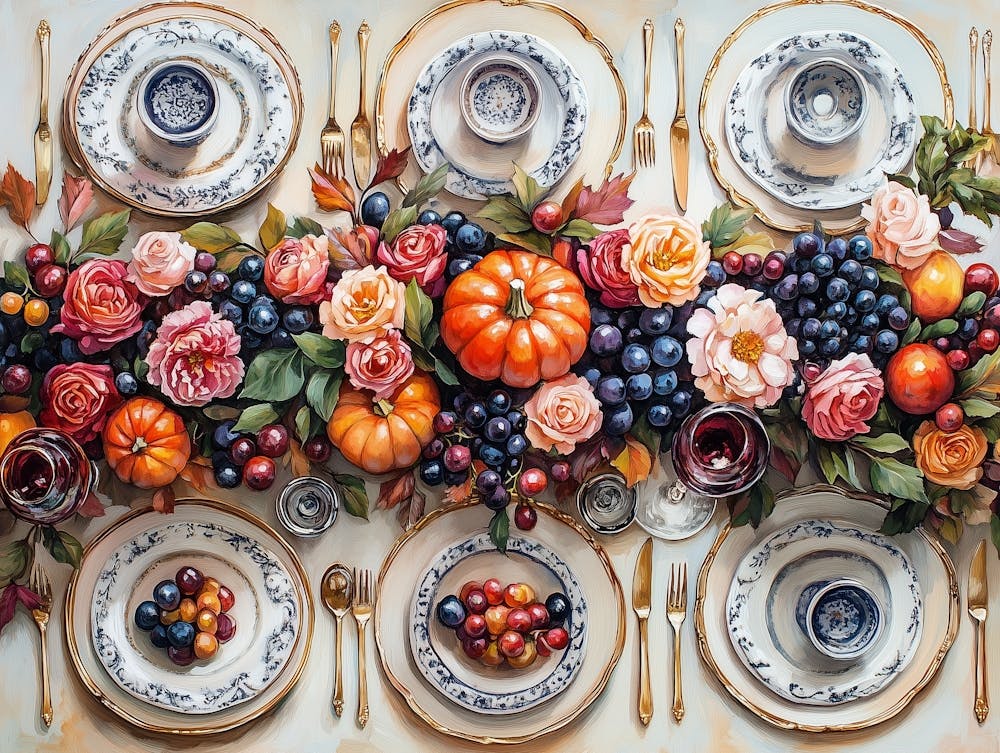 Thanksgiving Festtagstafel Malerei Mit Kürbise und Blumen