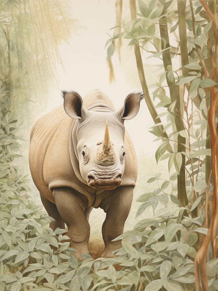 Vintage Illustration Of A Rhino Walking Through The Jungle 3