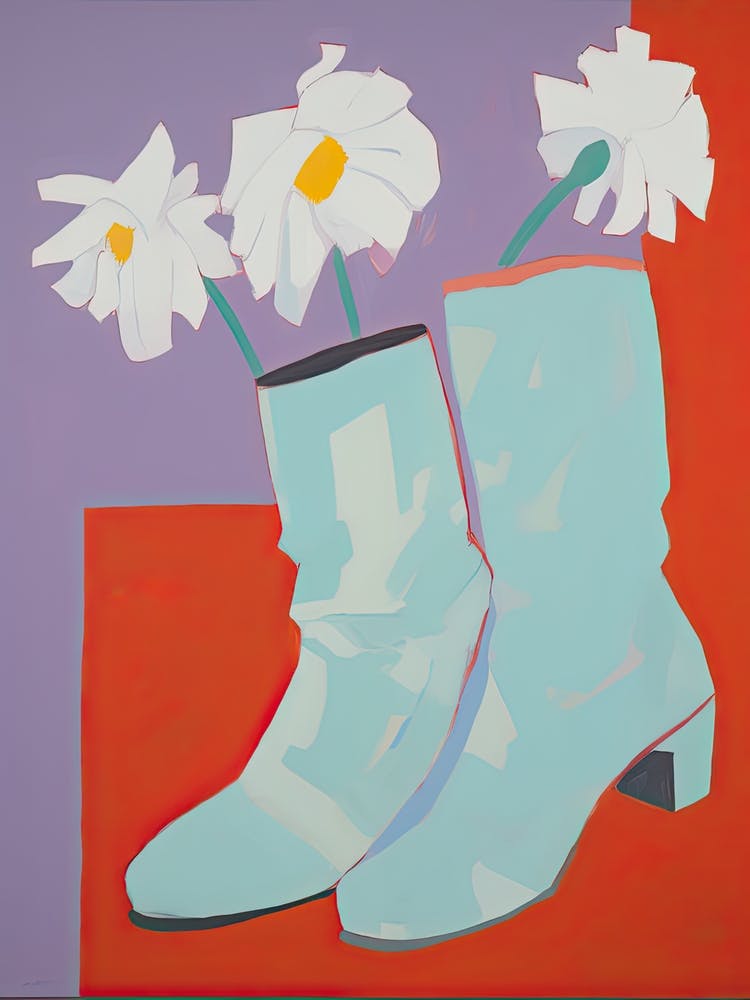 A Painting Of Cowboy Boots With Daisies Flowers, Pop Art Style 2