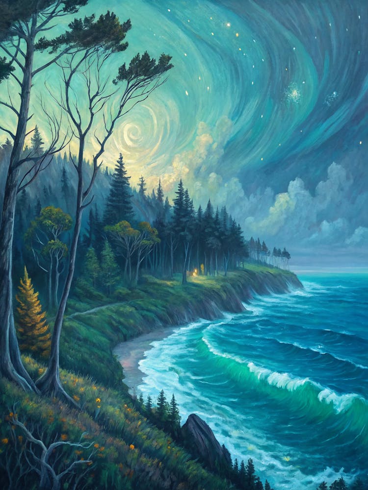 Mystical Coastal Landscape A Surrealist Oil Painting In The Style Of Van Gogh