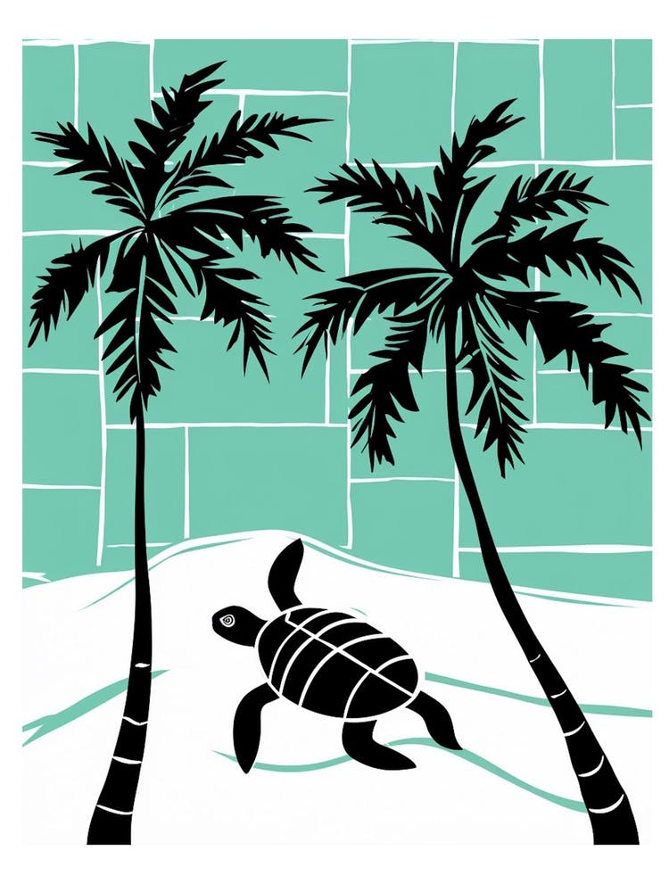 Modern Digital Sea Turtle Illustration Palm Trees 3