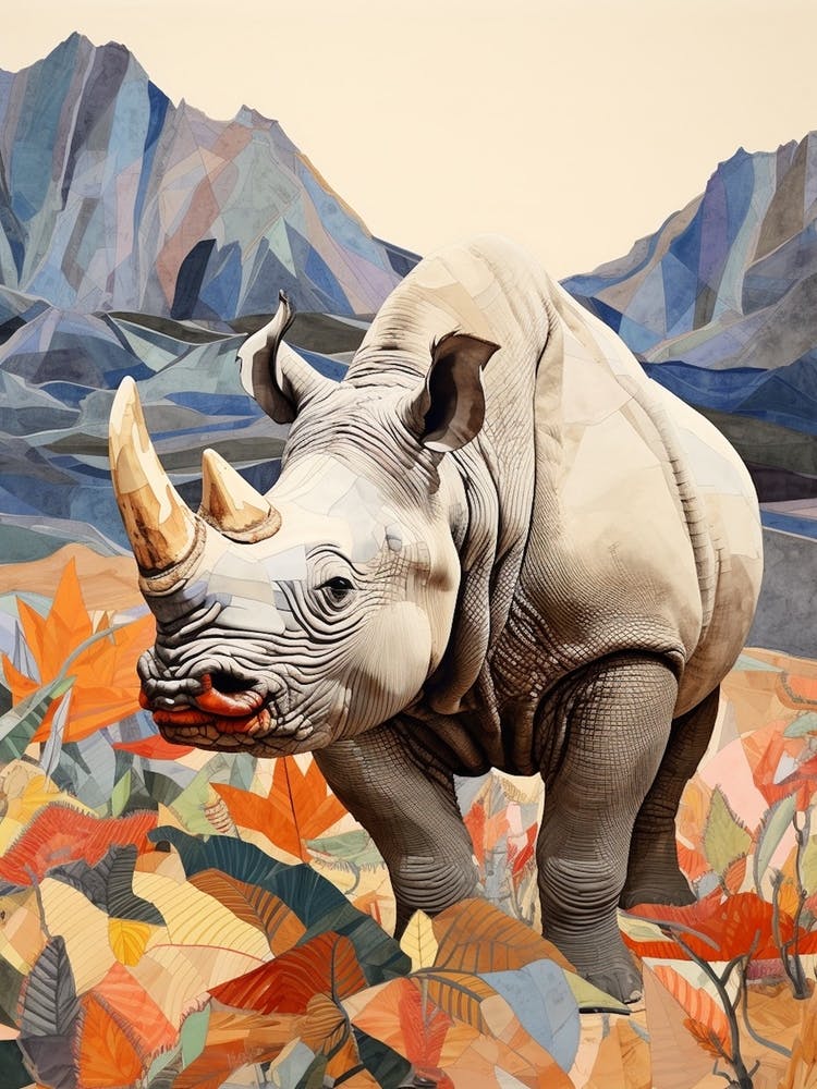 Colourful Patchwork Rhino With Mountain In The Background 4