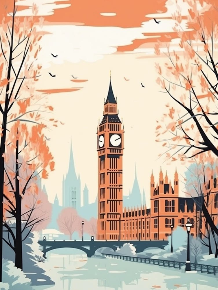 Vintage Winter Travel Illustration London United Kingdom 5