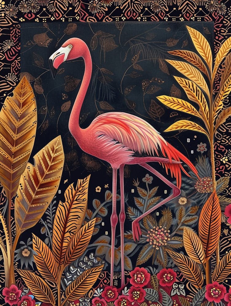 Grand Flamant Rose Et Plantes De Croton Impression Boho 3