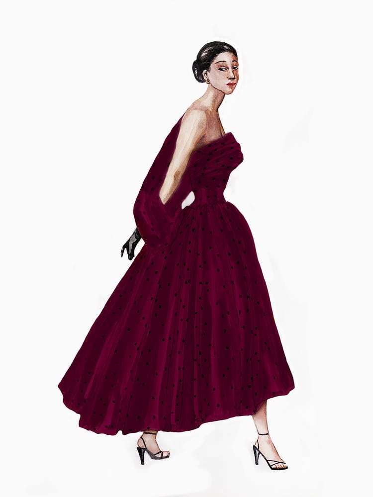 Watercolor painting of a woman in a vintage burgundy dress