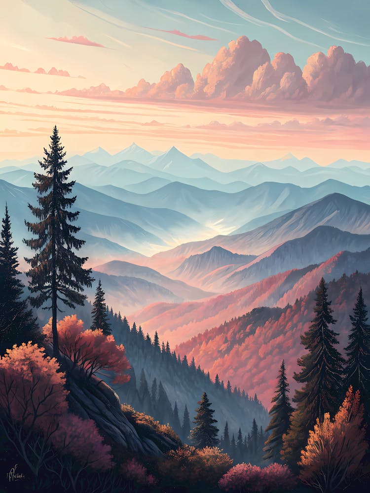 Oil Painting Style Sunrise Mountain Range Misty Landscape with Autumn Colors