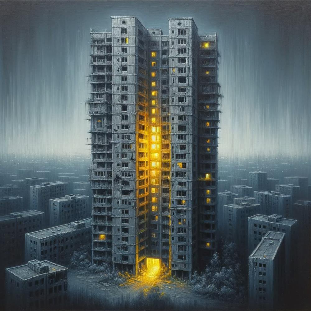 Yellow light emits from the cracks in the building