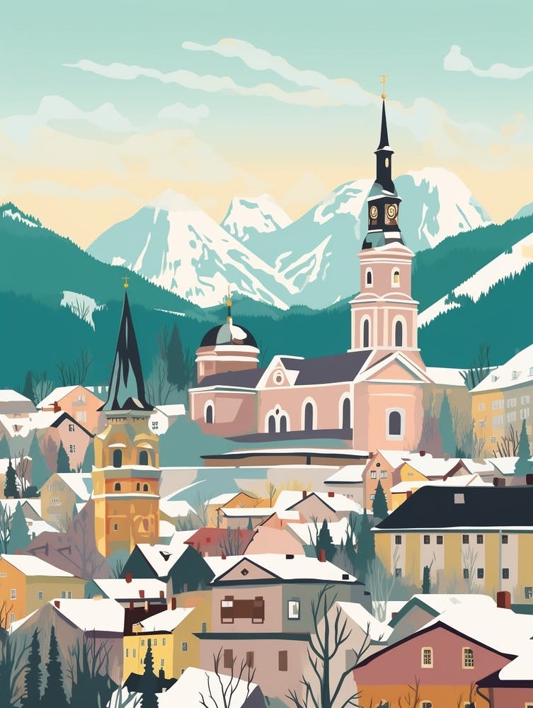 Vintage Winter Travel Illustration Salzburg Austria 5