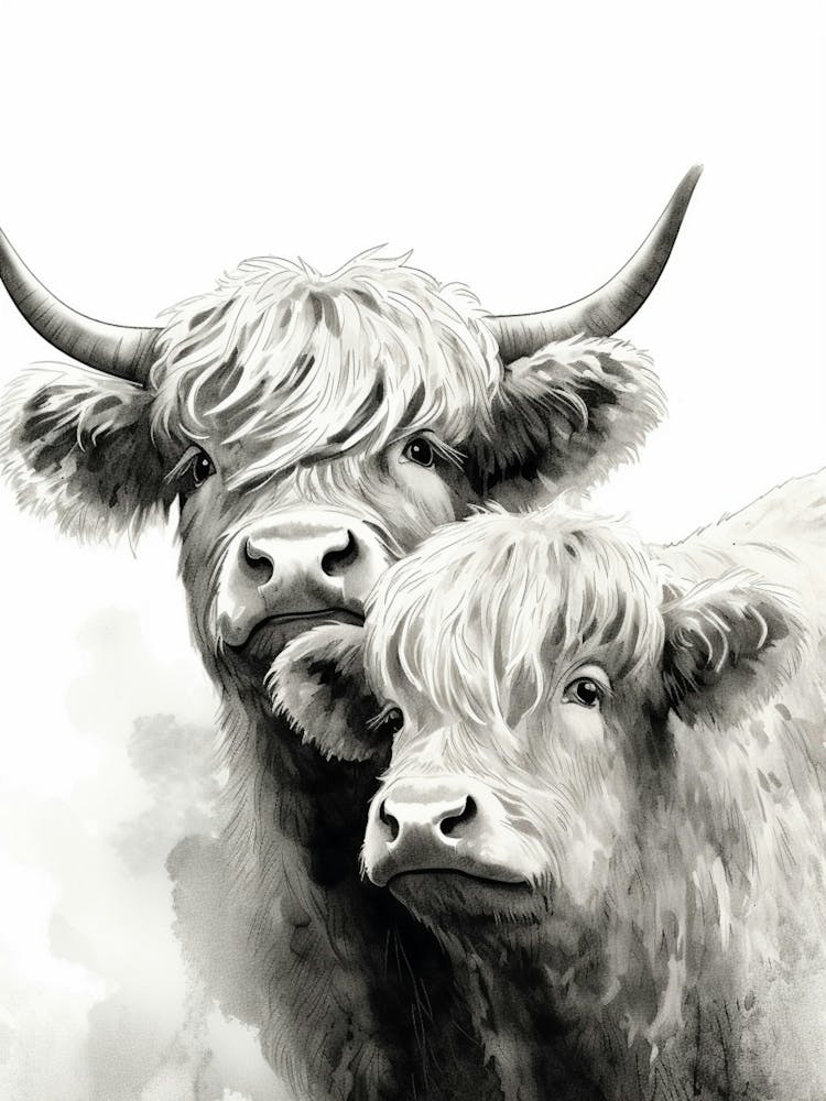 Black & White Illustration Of Highland Cow With Young Cow