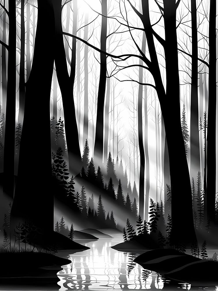 Black And White Forest, black and white monochromatic art 3