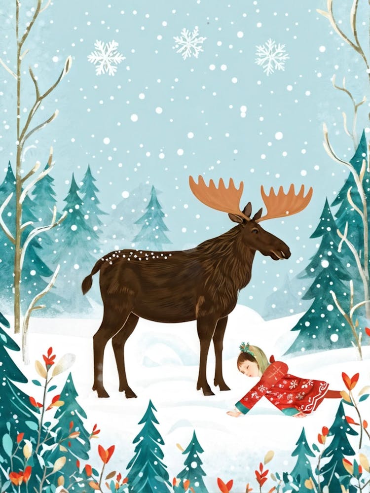 Illustration Of A Serene Scandinavian Winter Forest Moose With Ornamented Antlers Standing In A Sno
