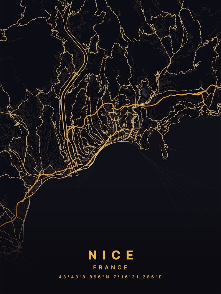 Nice France Black And Gold Map