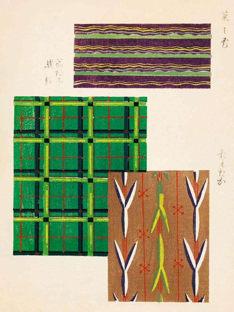 Estampe Ukiyo-e Vintage sur Bois de Textile Japonais, Shima Shima, Furuya Korin (168)