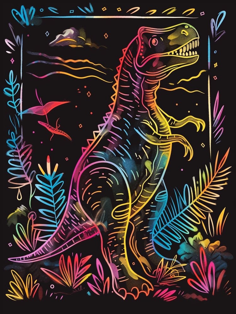 Neon Dinosaur Lines In The Leaves 3
