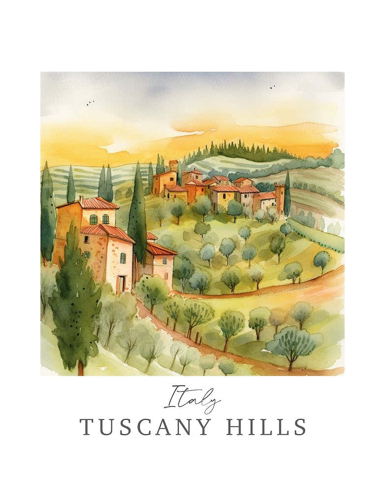 Italy Tuscany Hills Storybook 6 Travel Poster Watercolour
