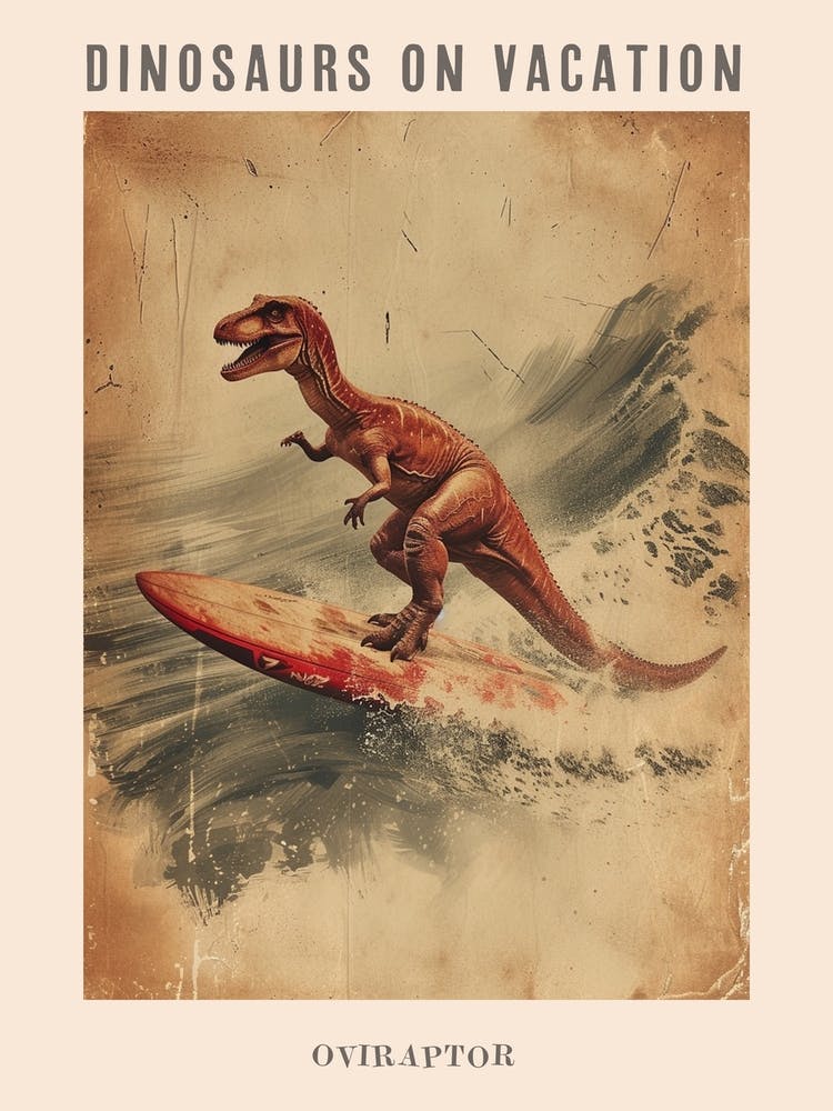 Vintage Oviraptor Dinosaur On A Surf Board 2 Poster