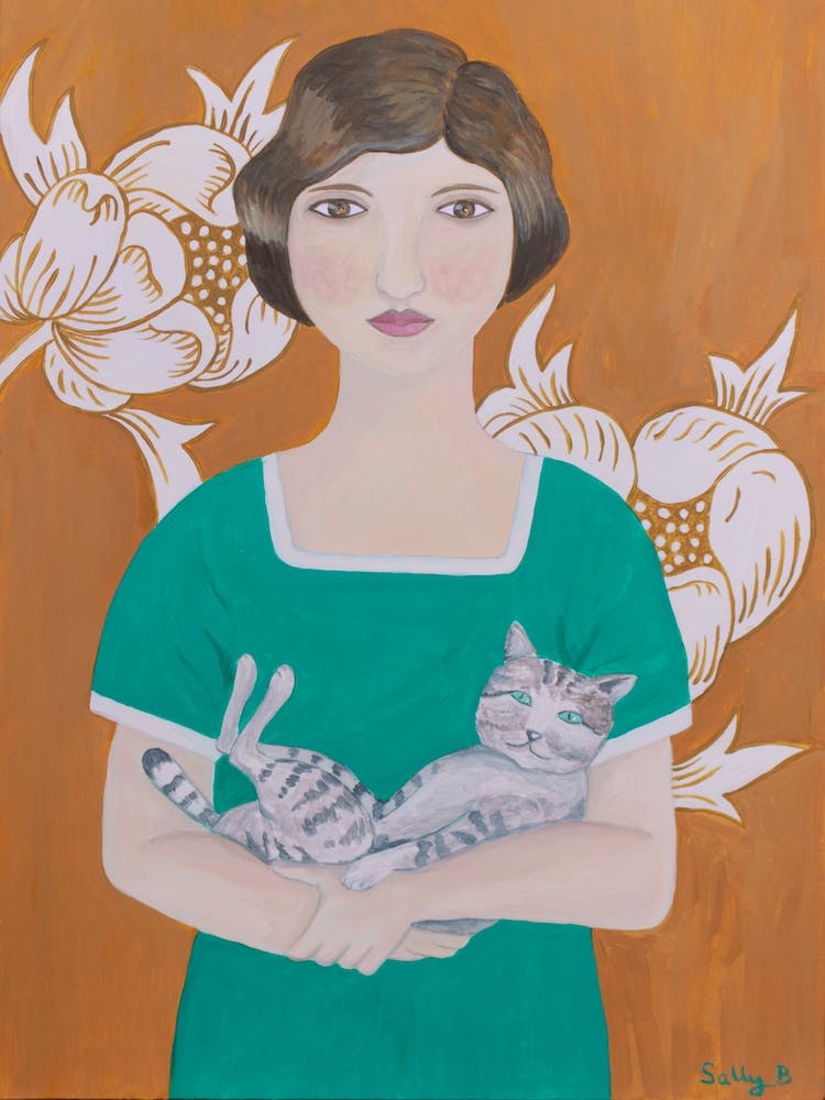 2 Woman In Green Dress With Cat