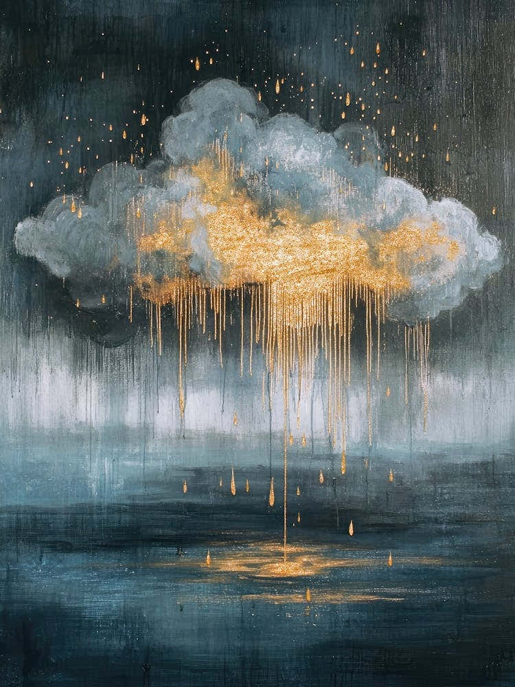 Golden rain from moody cloud painting in dark and warm gold tones in a minimalist luxe aesthetic, surreal celestial art in the style of Gustav Klimt ideal for bedrooms, luxe livng rooms, entryways, modern interiors 2