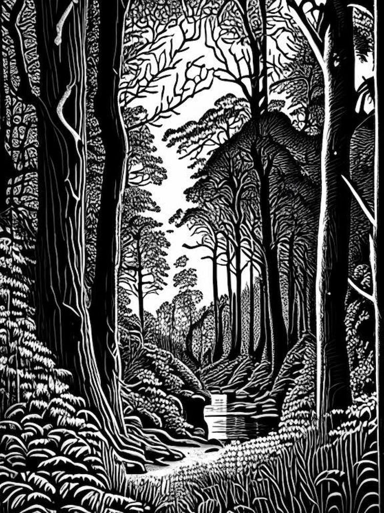 Bois Des Moutiers 1 France Linocut Black And White Vintage