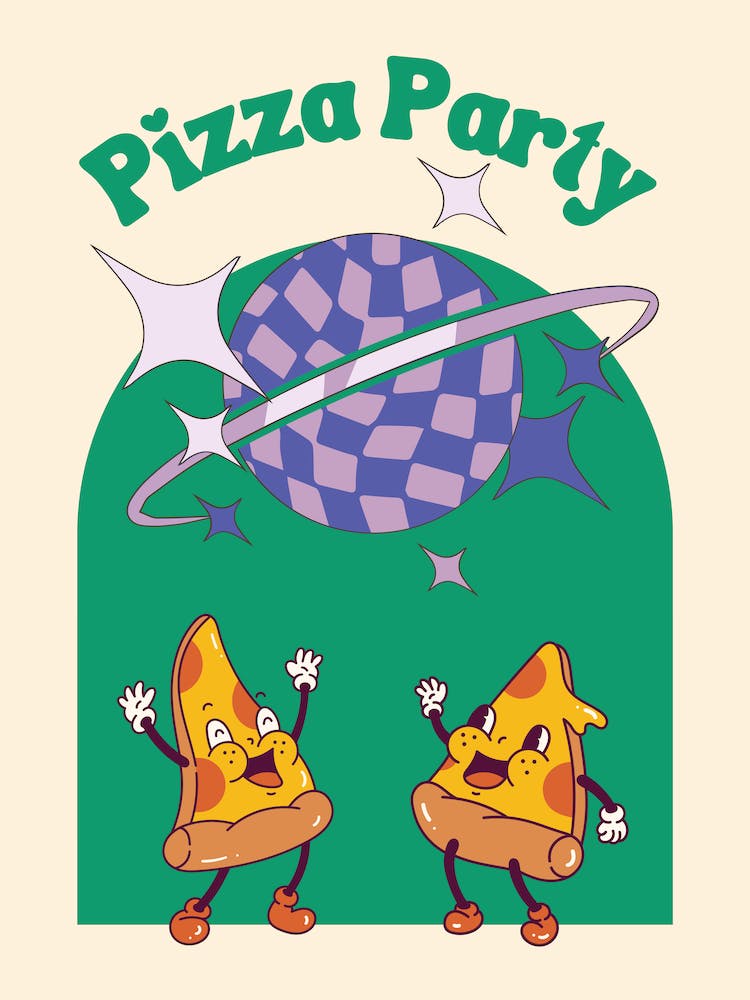 Pizza Party Cute Retro Cartoon Print