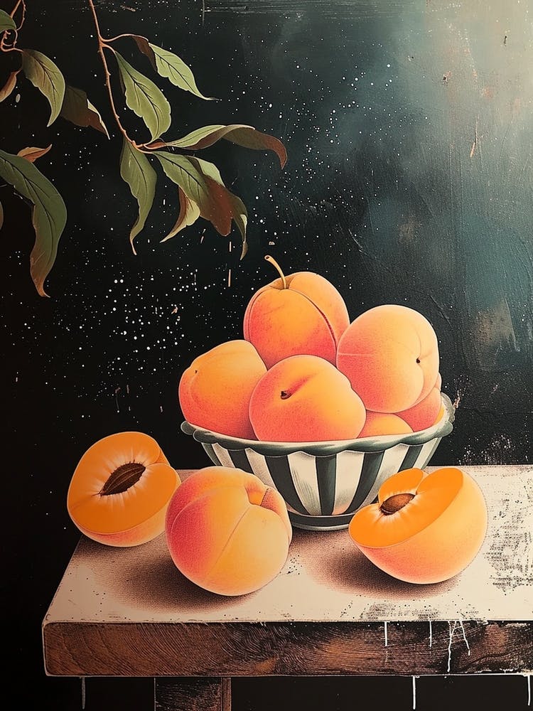 Art Deco Peaches On A Wooden Table