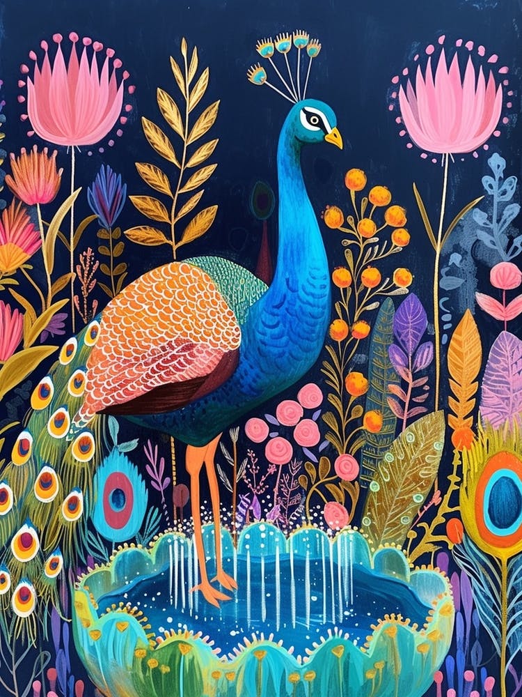 Folky Peacock In The Fountain