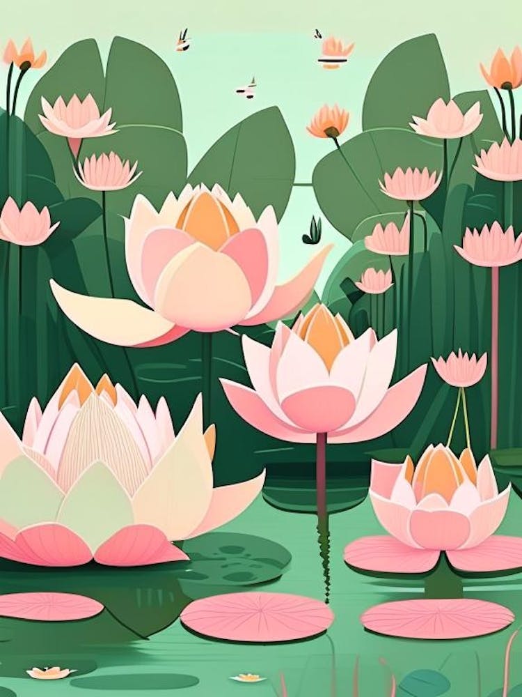 Lotus Flowers In Park Scandi Cartoon 1
