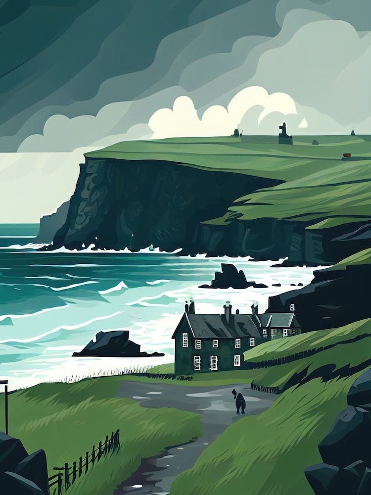 Stormy And Rainy Ireland - Retro Landscape Beach and Coastal Theme Travel Poster