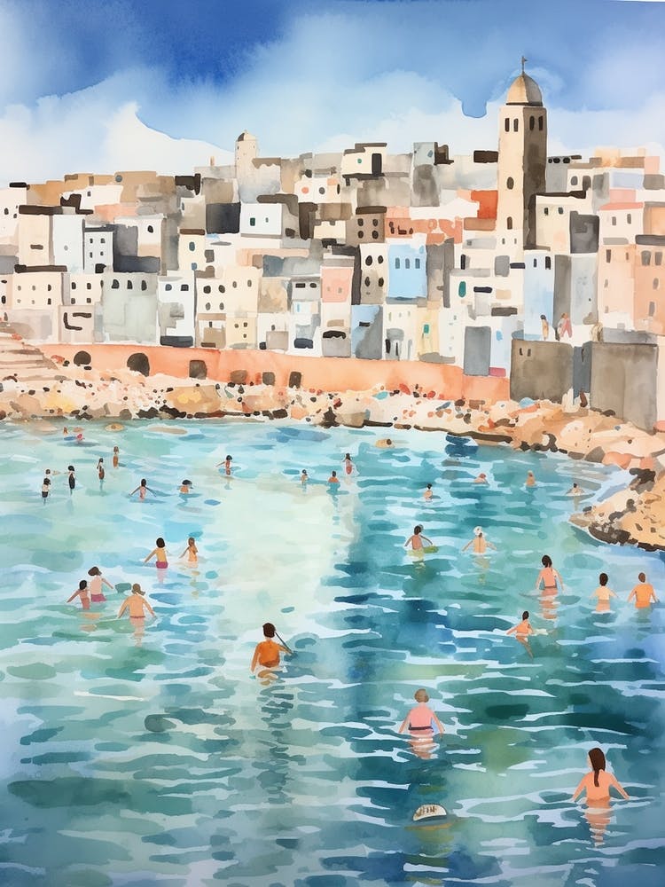 Schwimmen in Tanger Marokko Aquarell