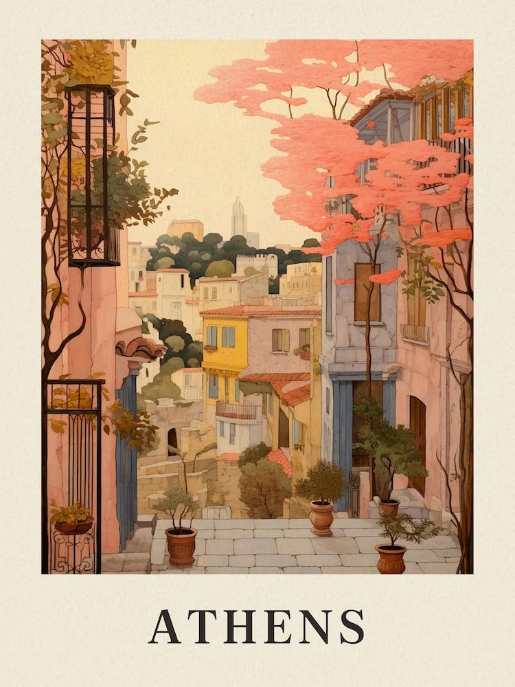 Athens Greece 3 Vintage Pink Travel Illustration Poster