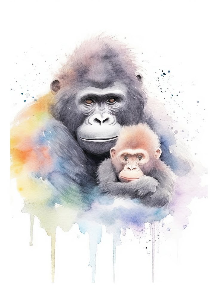 Bébé et Maman Gorille Art Aquarelle pour Chambre d'Enfant 1