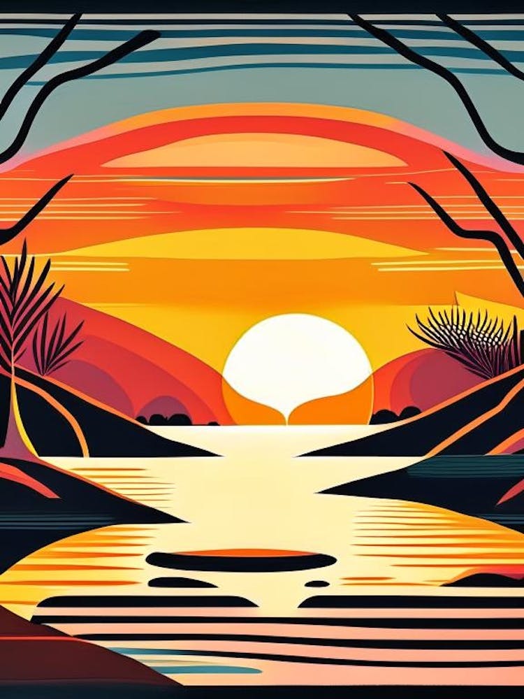 Sunrise Over River Waterscape Midcentury 1