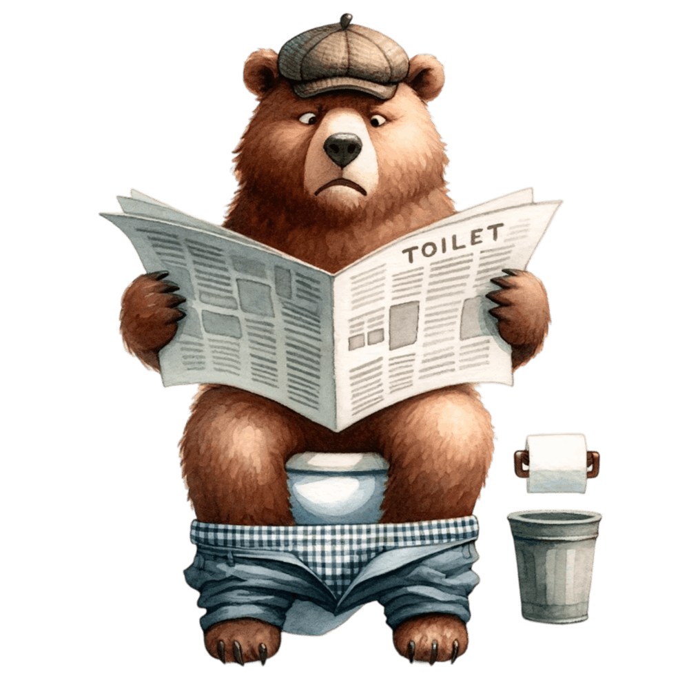 Bear Reading Newspaper on Toilet
