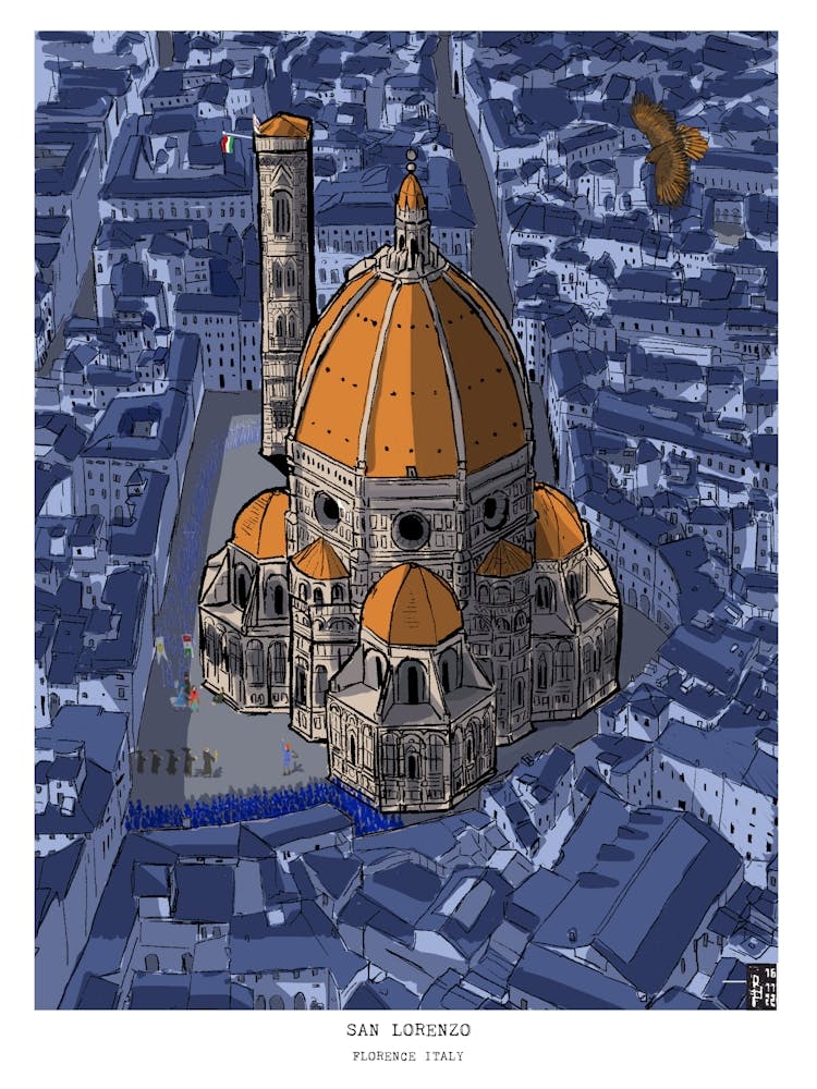 Florence Catheral San Lorenzo - Indigo Whimsical Wall Art - Retro Italian Travel Illustration