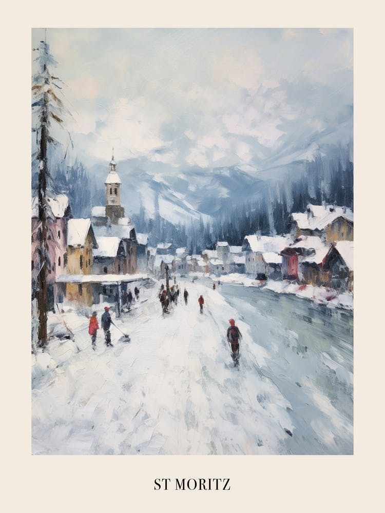 Vintage Winter Painting Poster St Moritz Switzerland 1
