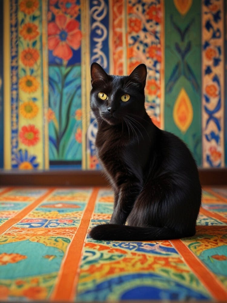 Black Cat On A Colorful Rug