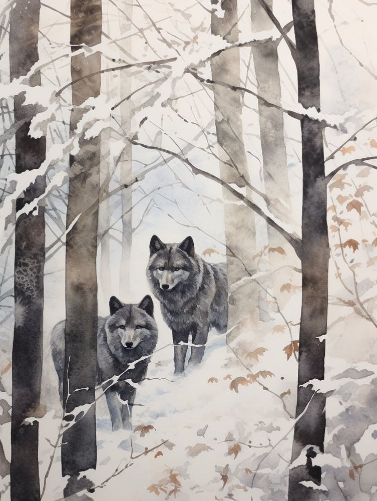 Winter Watercolour Gray Wolf 2