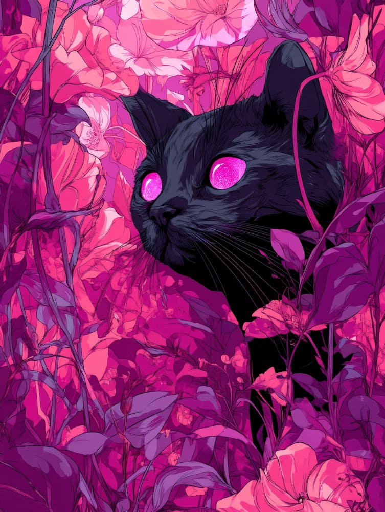 Black Cat In Pink Flowers 1