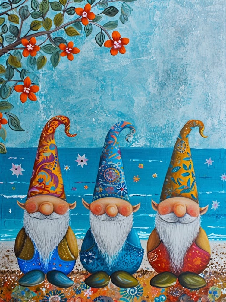 Kitsch Folk Painting Of Gnomes On The Beach 2