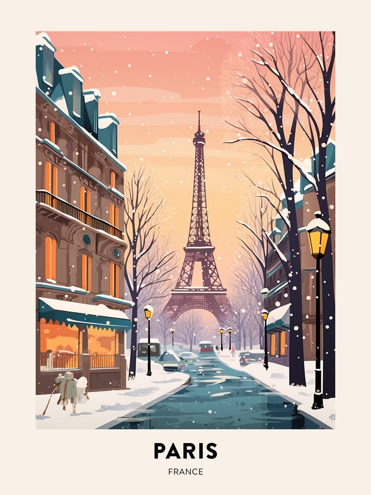 Vintage Winter Travel Poster Paris France 3