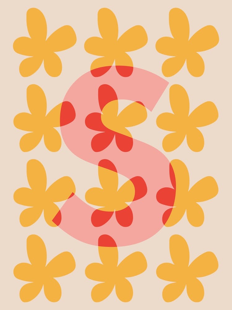Alphabet Flower Letter S Print - Pink, Yellow, Red
