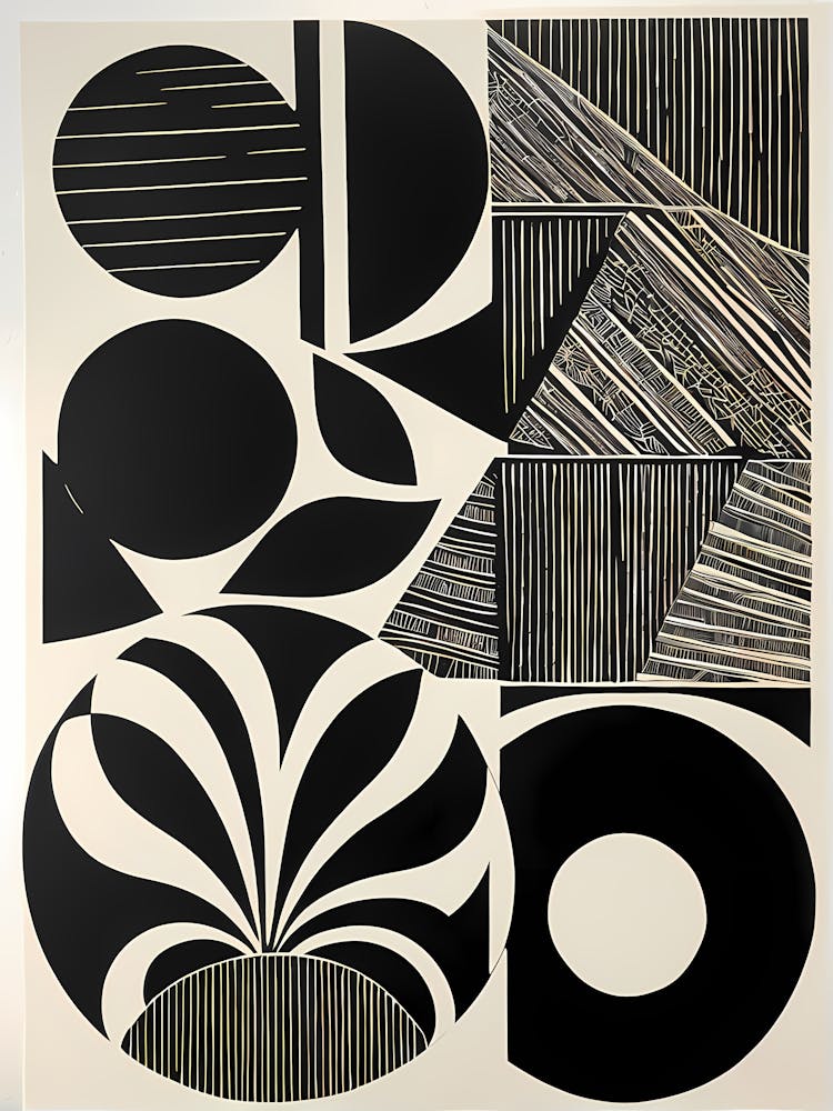 Mid Century Inspired Linocut, Black And White, 108 Minimal