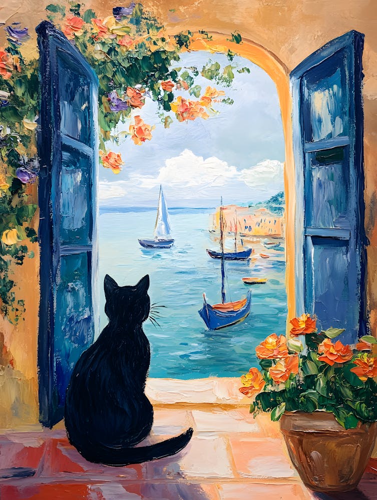 Oil Painting Black Cat Loves the Sea 9